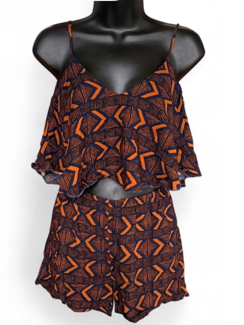 Two-Piece Orange & Navy Geometric Crop Top + Shorts Set